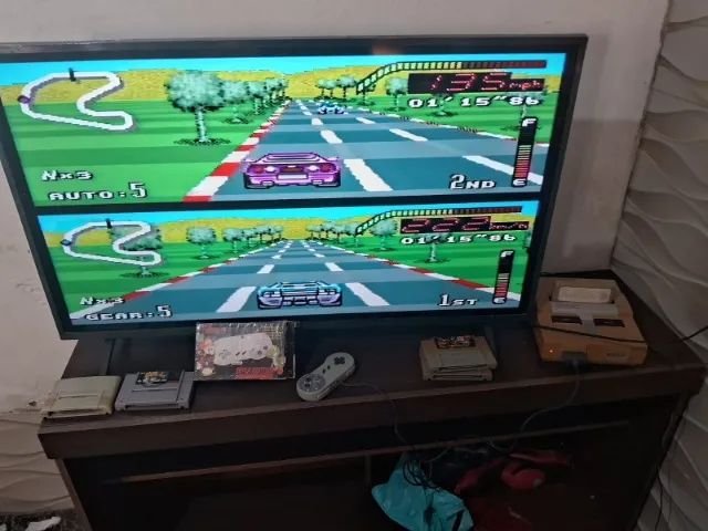 Super Nintendo completo + bonus de 3 jogos funcionando (Top Gear, NBA e Super Soccer)