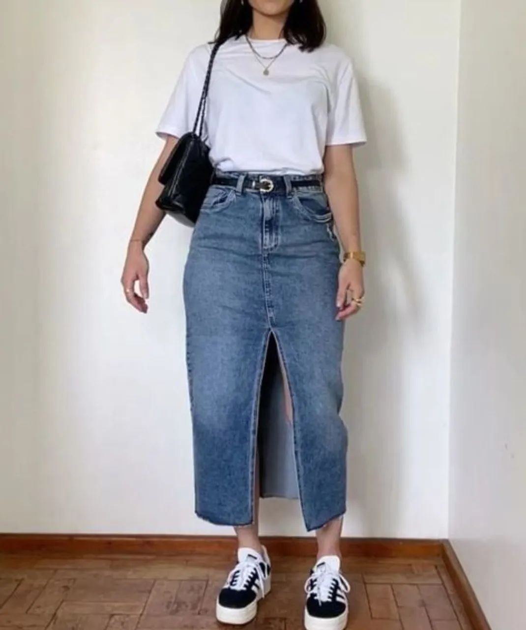Saia Jeans Midi com Fenda