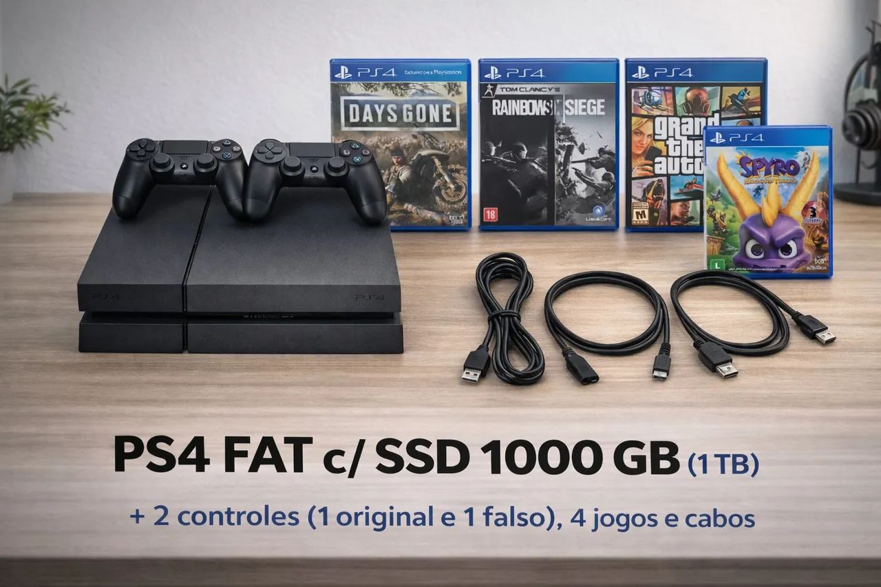 PS4 ( FAT )  - SSD 1TB + 4 JOGOS + 2 CONTROLES 