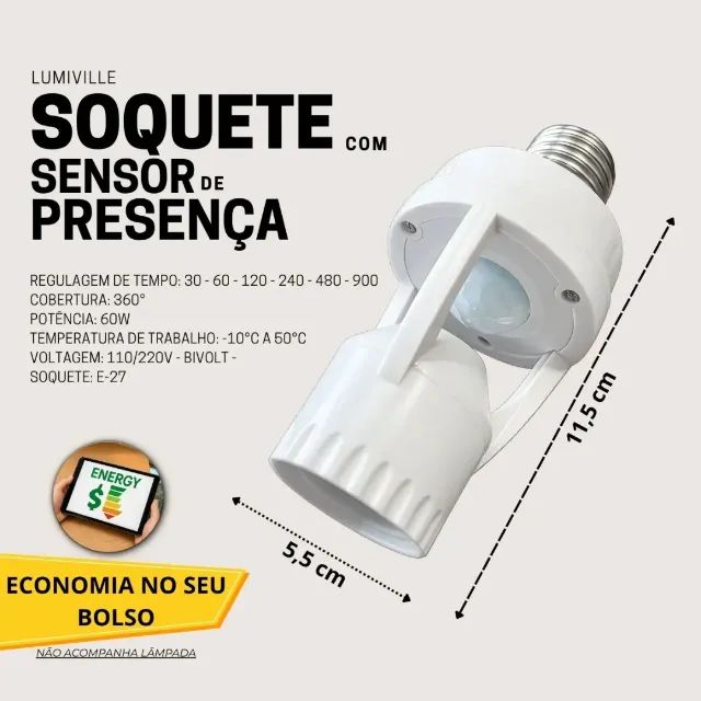 Soquete Sensor de Presença E27 360° Bivolt com Ajuste de Tempo e Luminosidade - SCS58 - Foto 4