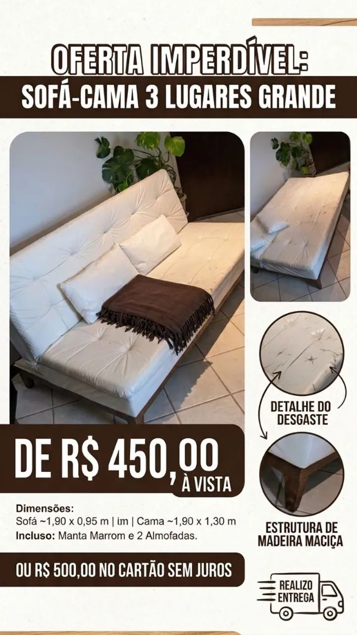 Sofá-Cama 3 Lugares Madeira Maciça + Manta e Almofadas