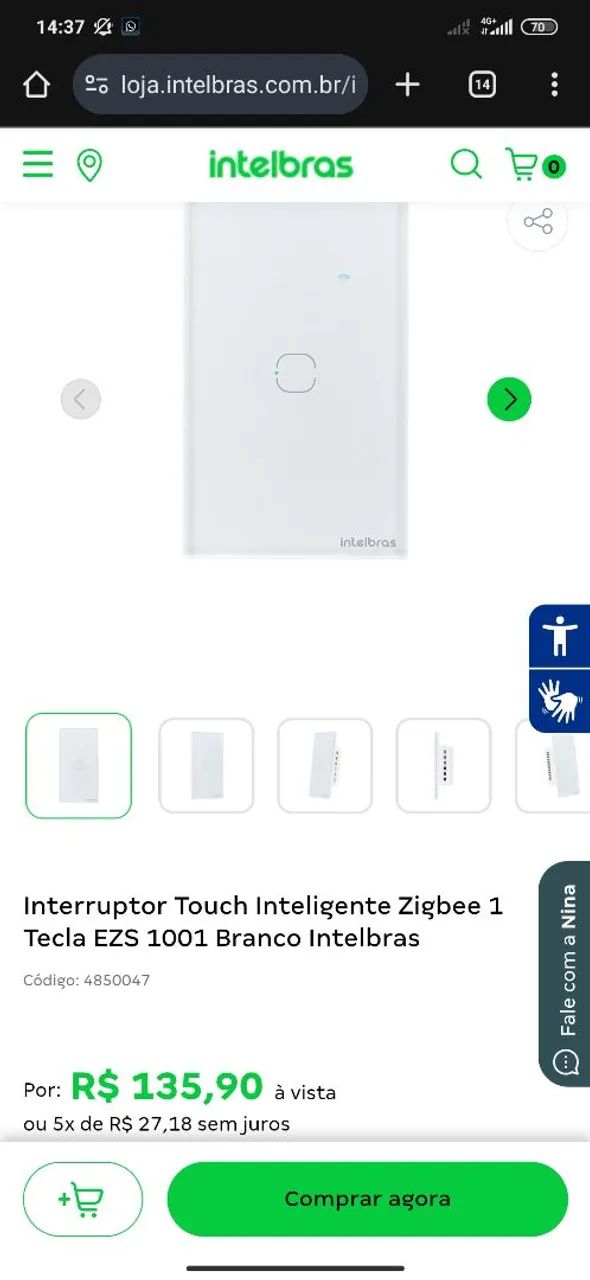 Interruptor inteligente tecla única branco intelbras