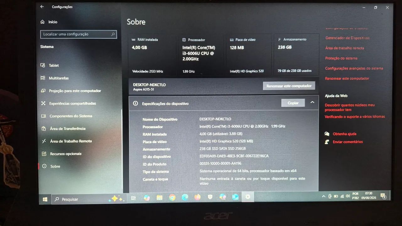 Vendo Notebook Acer Aspire 3 (Modelo A315-51) em ótimo estado de conservação, - Foto 3