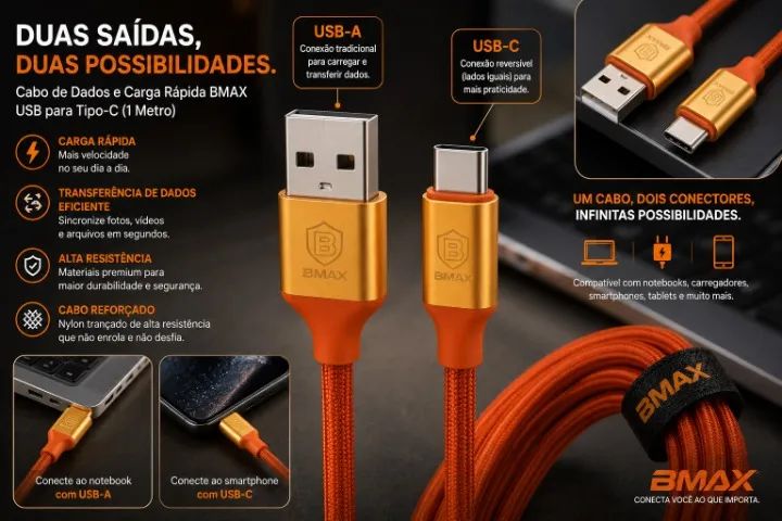 ? Cabo de Dados e Carga Rápida USB-A para Tipo-C BMAX (1 Metro) - Alta Resistência e Esti - Foto 3