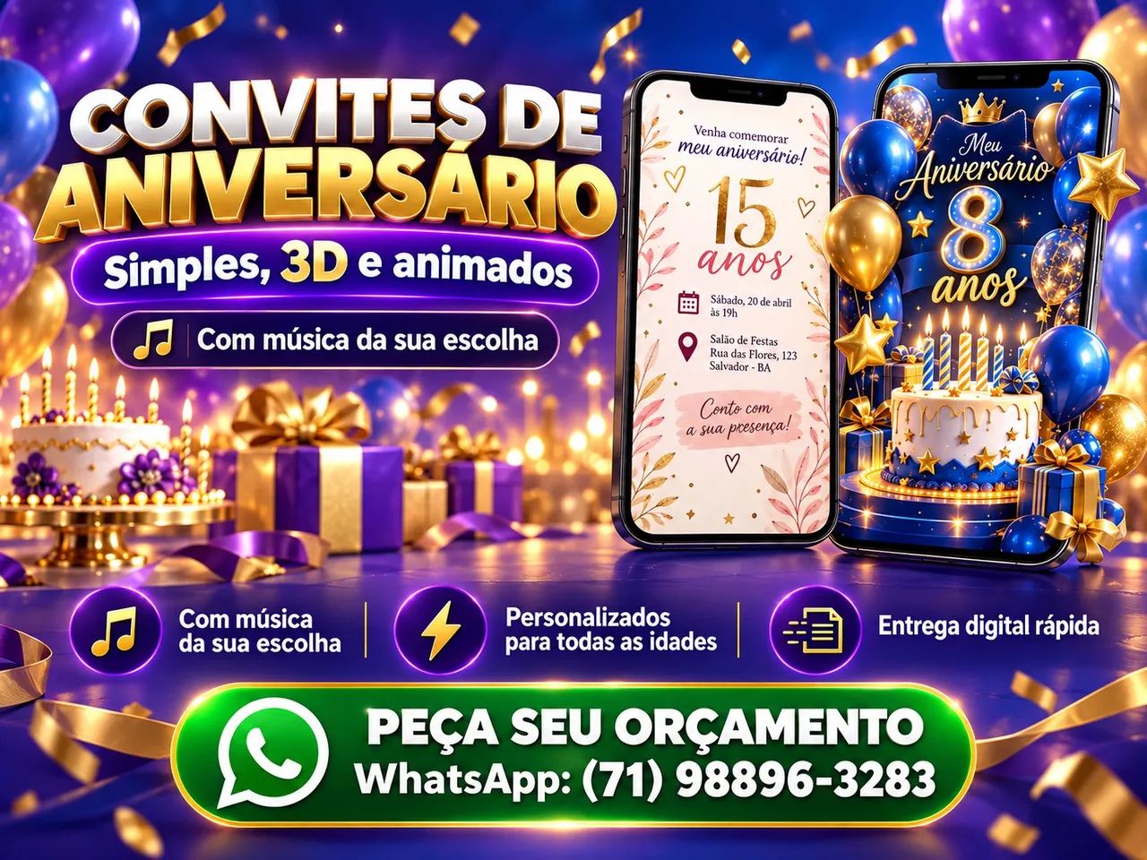 Convites de Aniversário Animados com Música - Simples e 3D