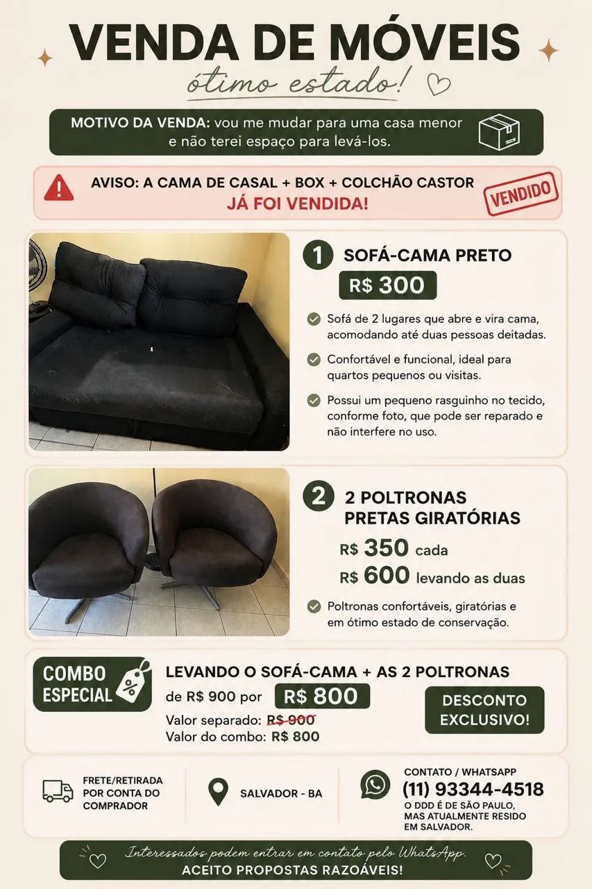 VENDA - POLTRONA GIRATÓRIA + SOFÁ CAMA BARATOS 