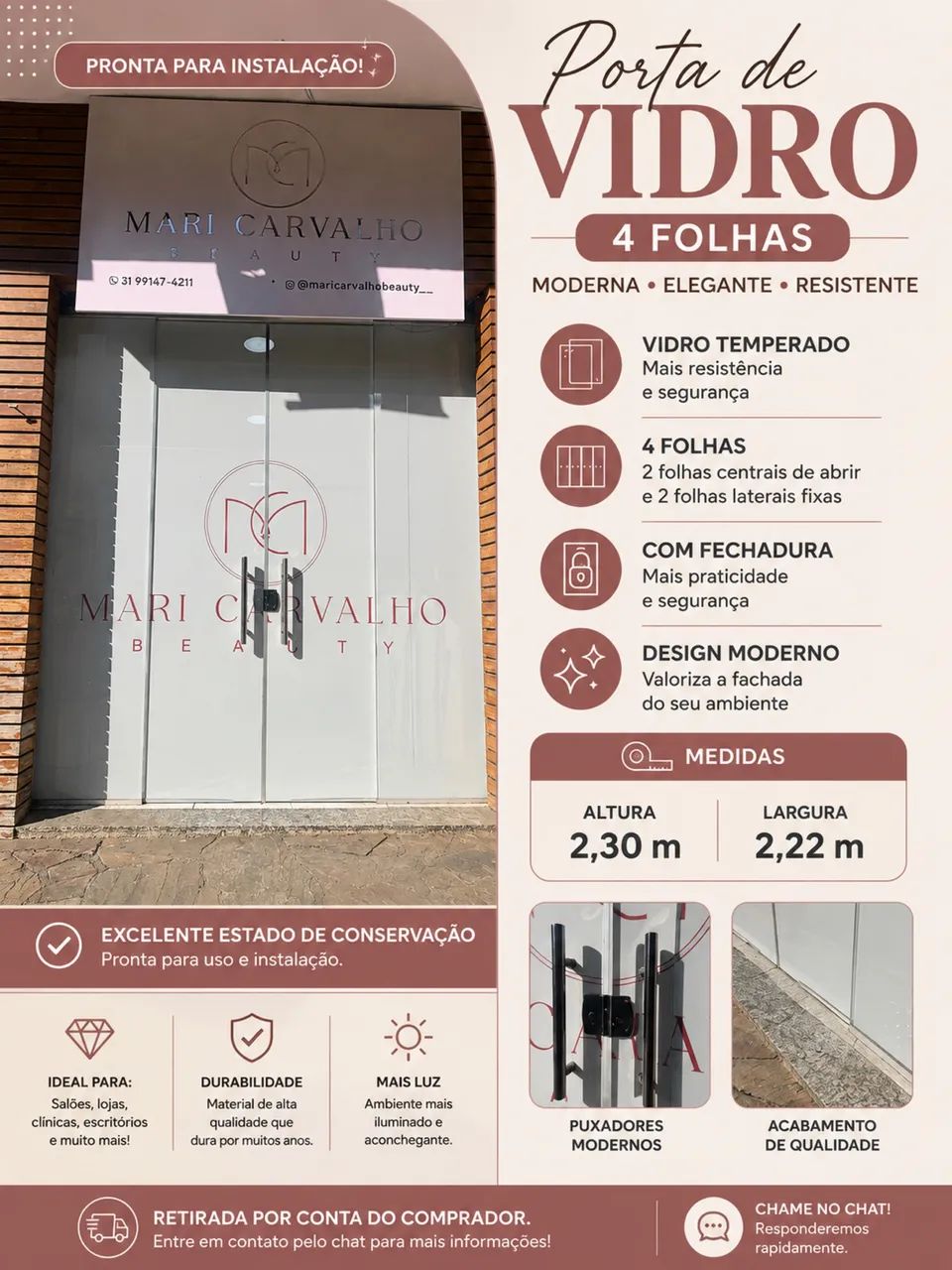 Porta de Vidro para Salão/Comércio - 2,30m x 2,22m