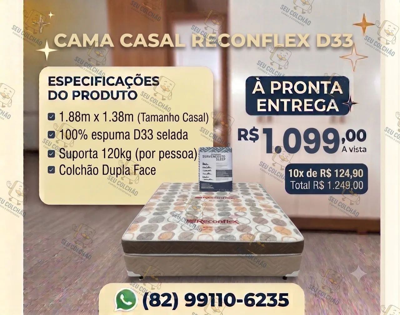Conjunto Base + colchão Casal Reconflex D33 espuma selada à pronta entrega 