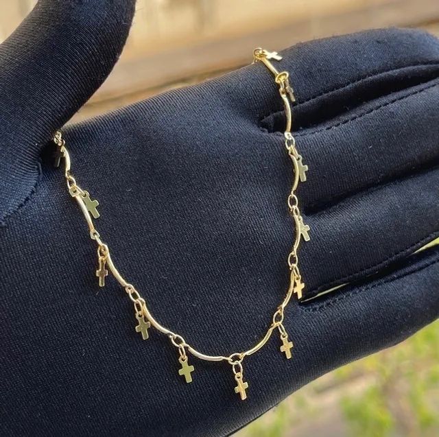 Colar hastes c/ crucifixo | Cordão banhado/folhado a Ouro24k