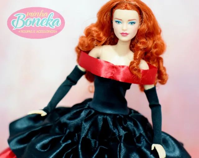 Lindo vestido para Barbie preto vermelho com luvas  - Foto 2