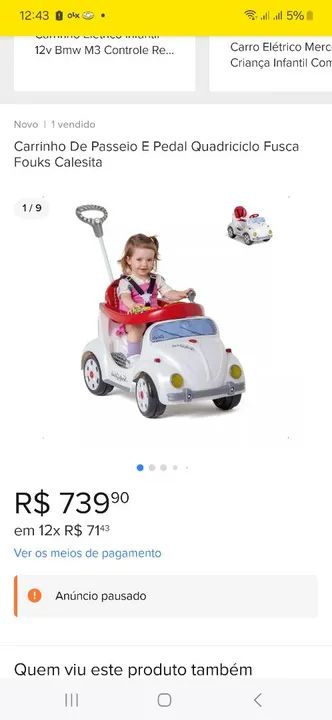 Carrinho de passeio e pedal quadriciclo fusca - Foto 6