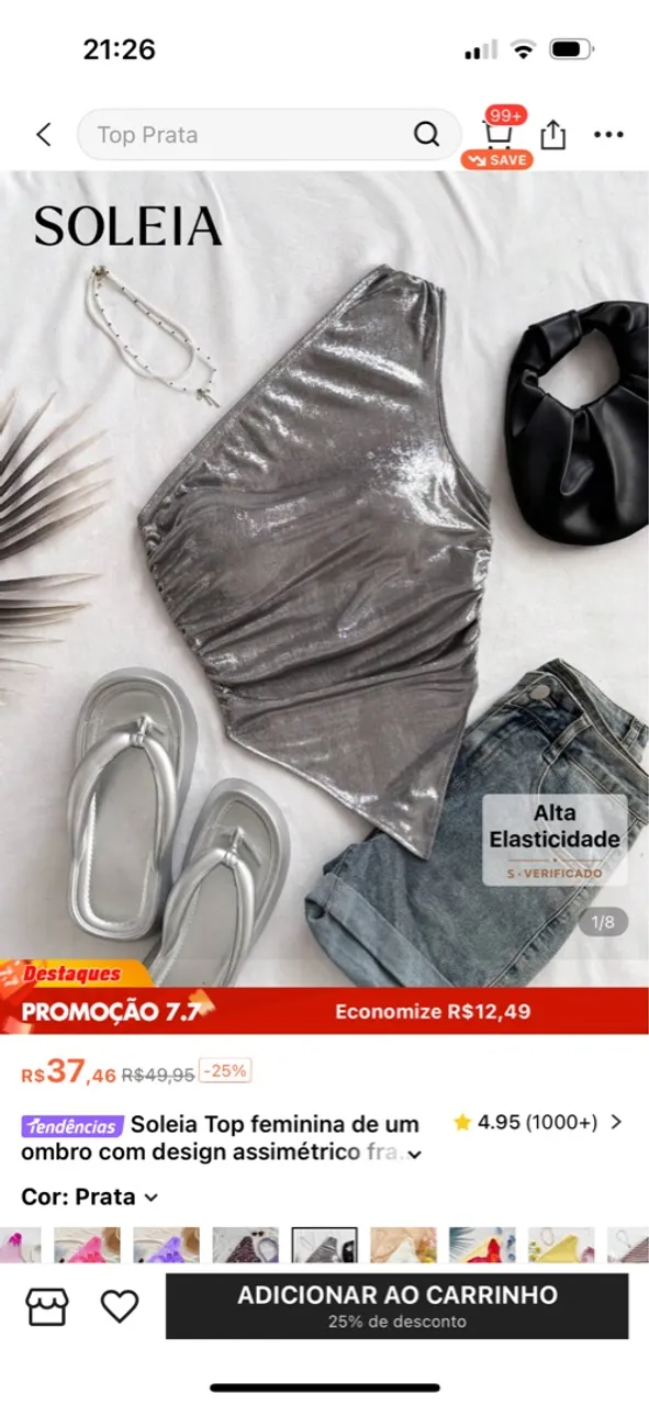 Top Feminino Assimétrico Prateado Soleia