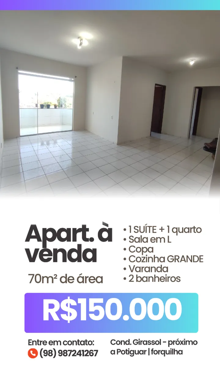 Apartamento 70m2 - 01 quarto - 01 suíte - 02 banheiros - varanda - sala em L