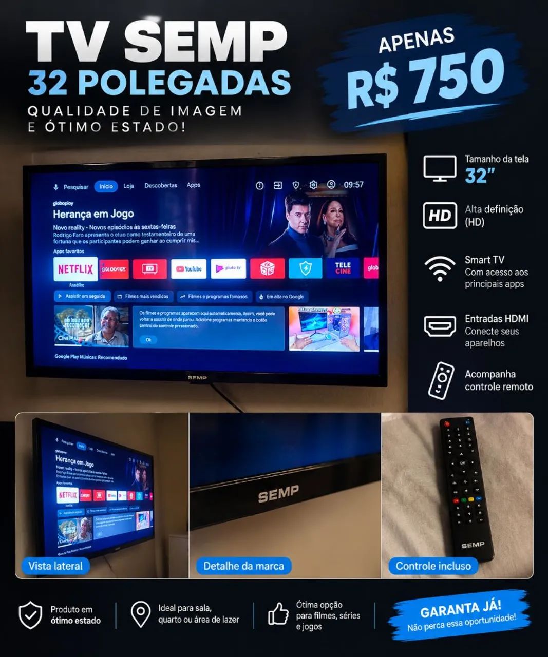 TV SEMP 32"LED Smart TV -Ótimo estado