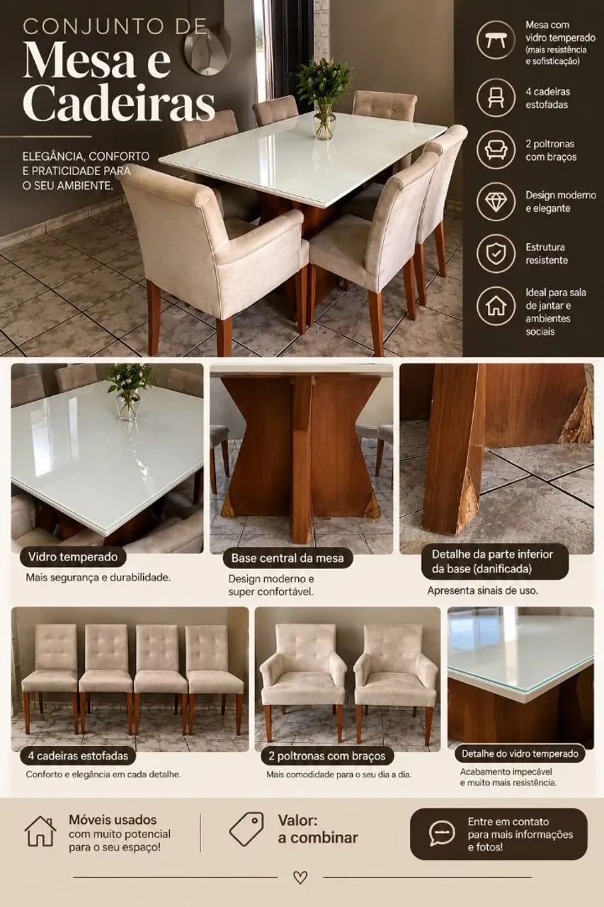 Mesa 6 lugares sendo 2 poltronas 