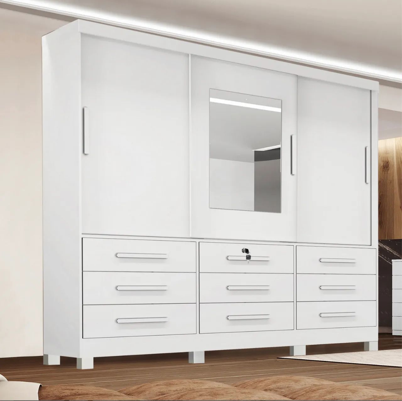 Guarda-Roupa Firenze 1,80 m com Espelho e 3 Portas de Correr