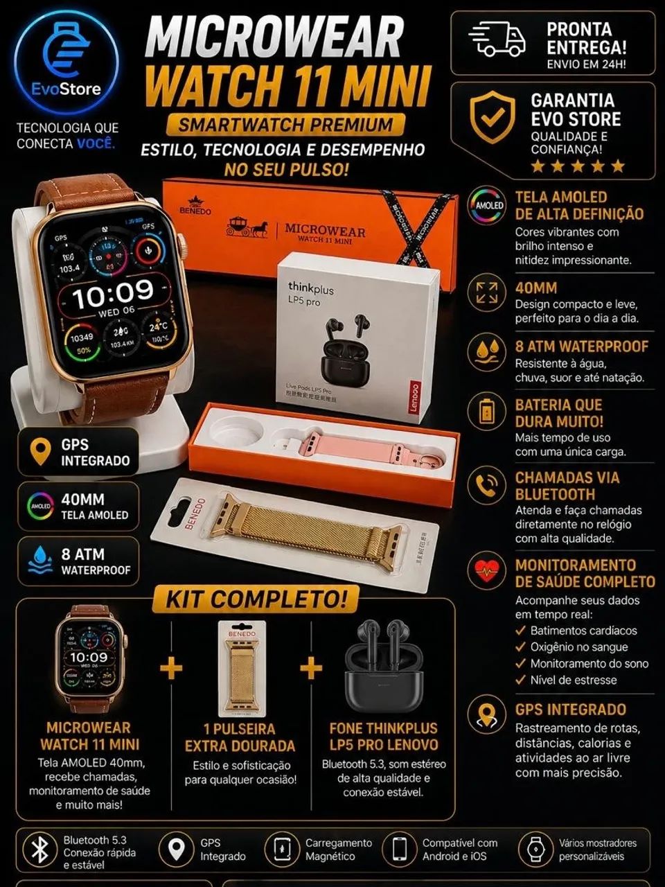 KIT SMARTWATCH MICROWEAR 11 MINI, FONE E PULSEIRA EXTRA 