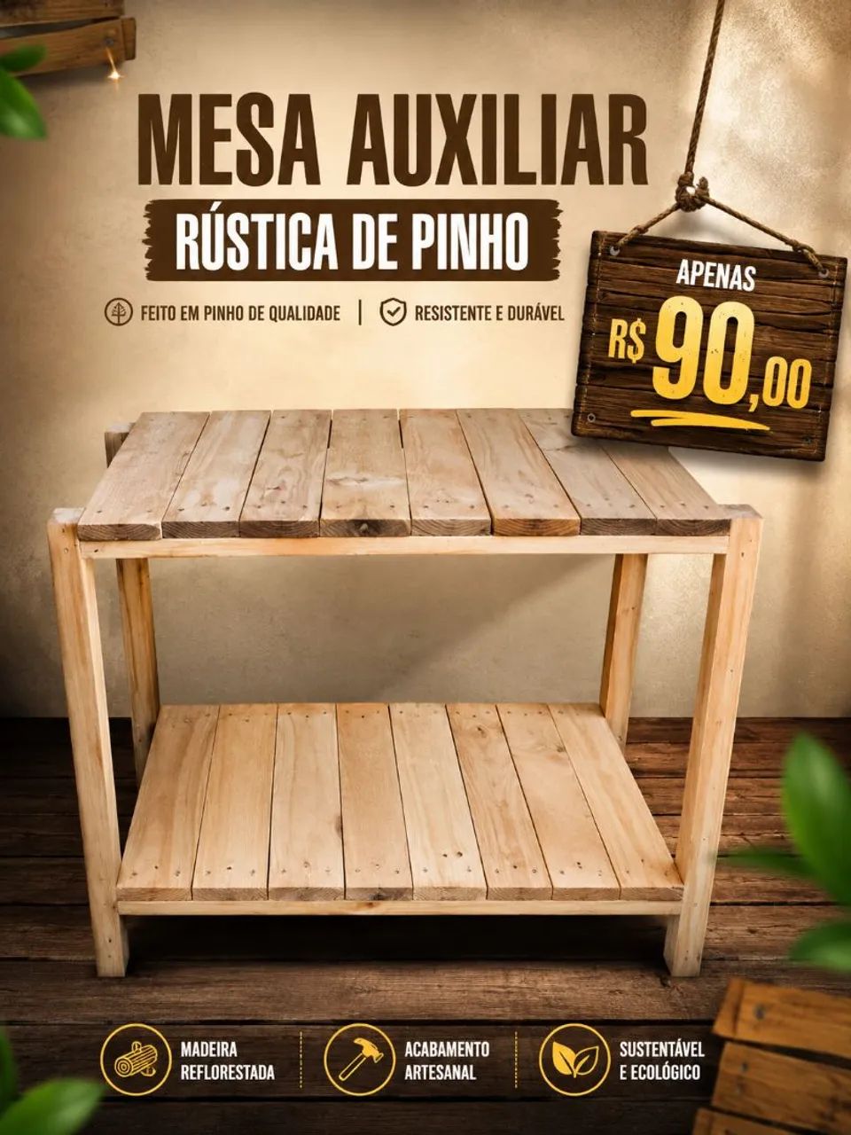 Mesa auxiliar rústica de Pinho 