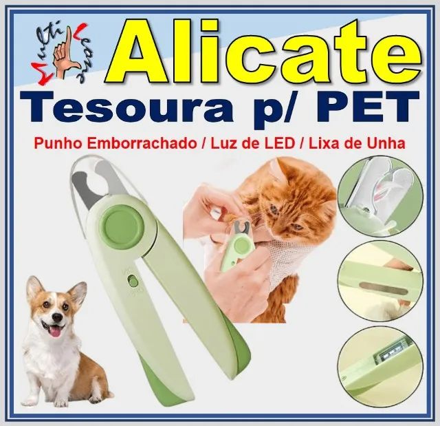 Alicate Tesoura para unhas de Pets com cabo emborrachado Luz Led e Lixa