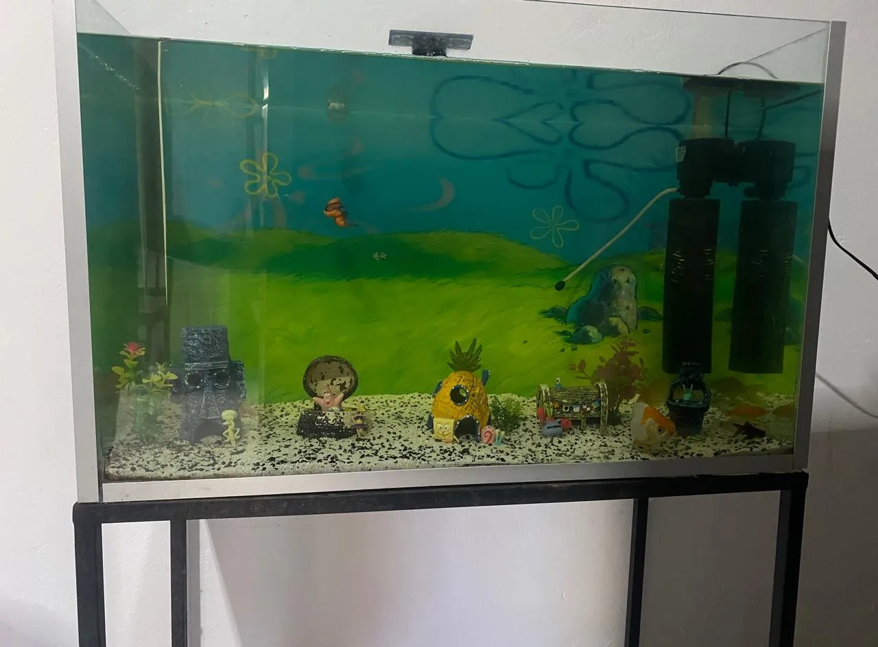 Aquário 200L completo com base, filtro e decoração do Bob Esponja