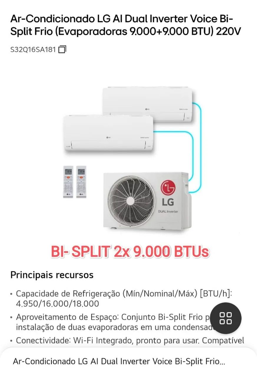 Ar Condicionado Bi Split LG 18000 BTUs ( 2x 9000 BTUs ) + Novo + Nota + 1 Ano Garantia!