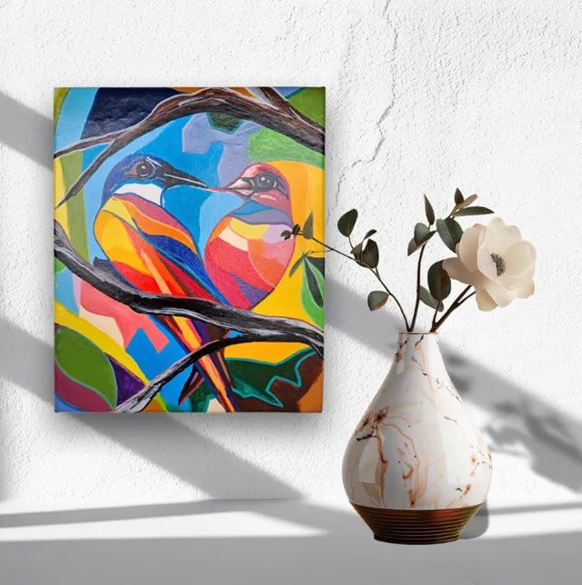 Mini Quadro com 2 Pássaros coloridos