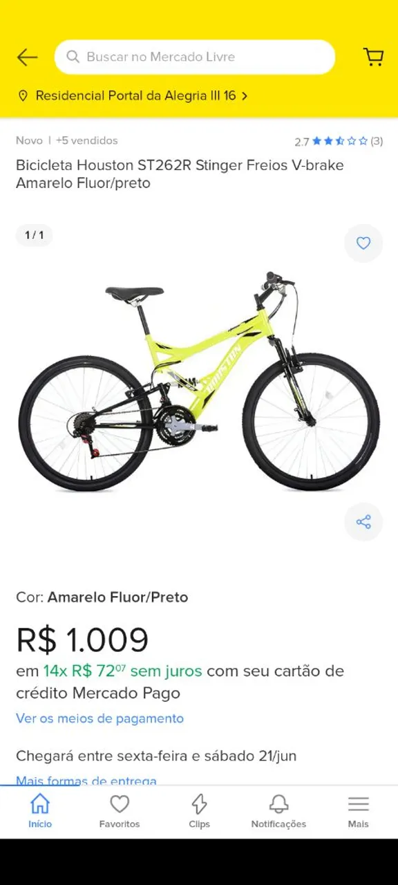 Bicicleta Houston ST262R Stinger Freios V-brake Amarelo Fluor/preto