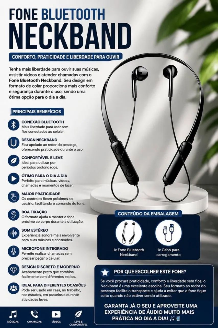 Fone bluetooth de pescoço com.otima qualidade e comforto 