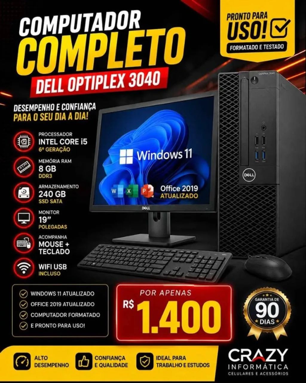 Dell OptiPlex 3040 i5 6ª Ger / 8 GB Ram / 240 GB SsD /Monitor 19 Polegadas + Mouse/Teclado