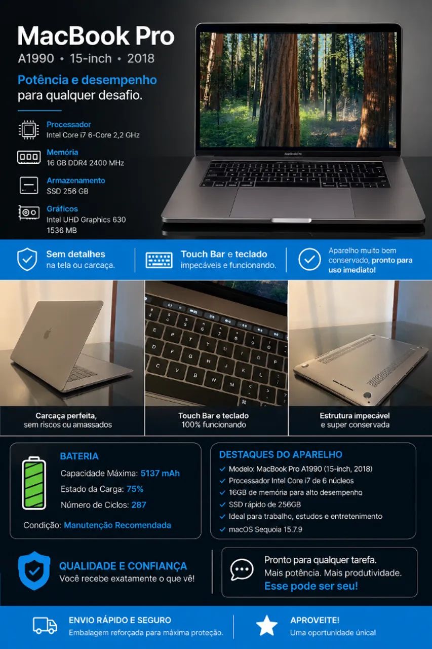 MacBook Pro 16gb 256 SSD 15 Polegadas a1990 i5 - Foto 2