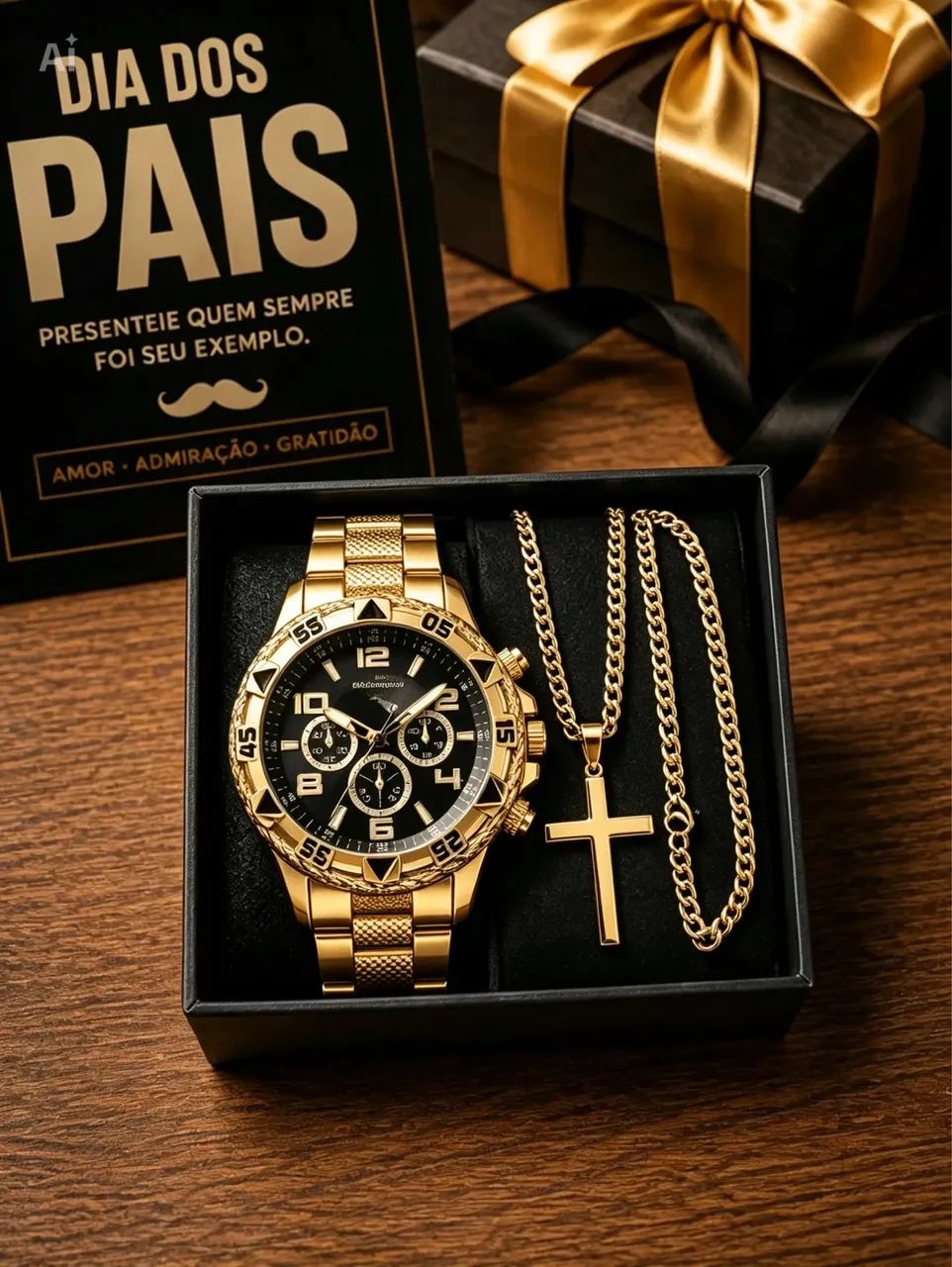 KIT ESPECIAL DIA DOS PAIS - RELÓGIO + CORRENTE + PULSEIRA