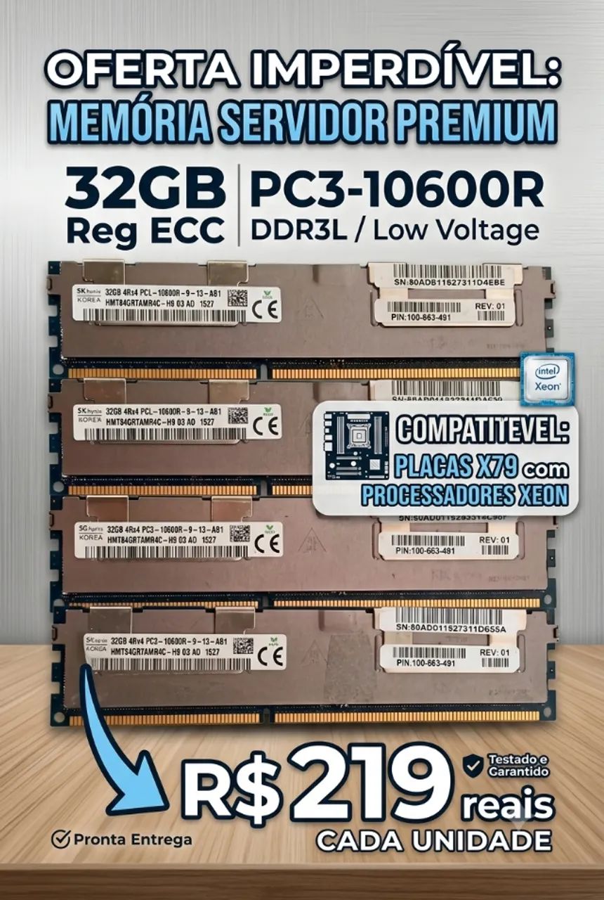 Memória Ddr3 32gb 4Rx4 PC3-10600R-9-13-AB1 SERVIDORES - Memória