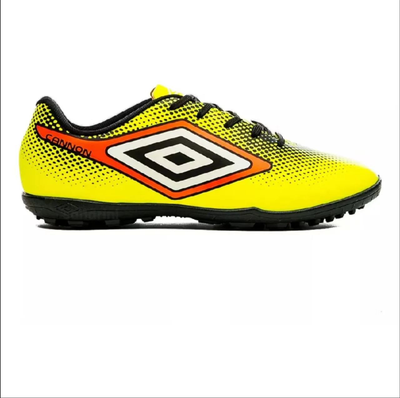 Chuteira society umbro Cannon Jr 33 limão/laranja flúor/preto