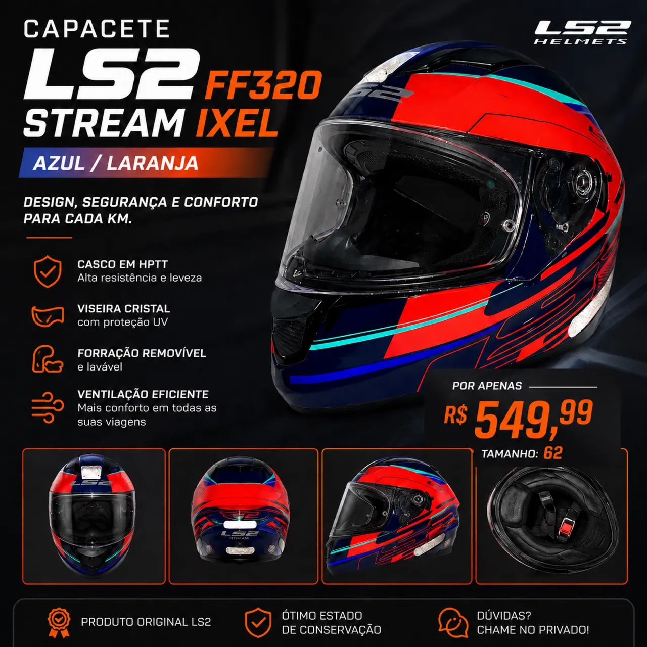 Capacete LS2 FF320 Stream Ixel Azul/Laranja Tamanho 62 - Peças