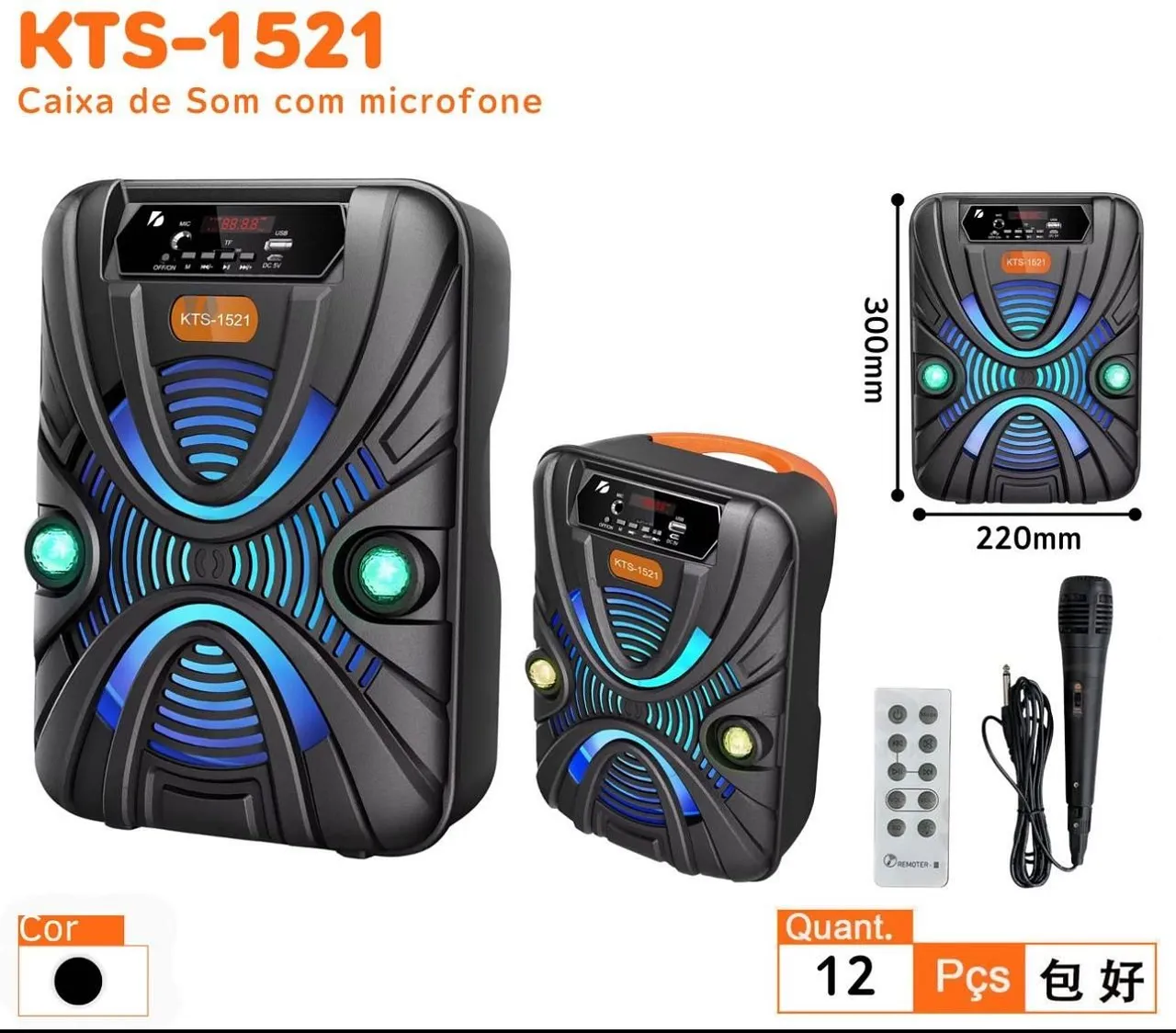 Caixa de Som Portátil KTS-1521 com Microfone -  Som Potente e Iluminação LED
