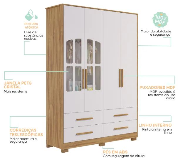 Roupeiro Charlo 4 Portas, 100% MDF - Peroba - Foto 4