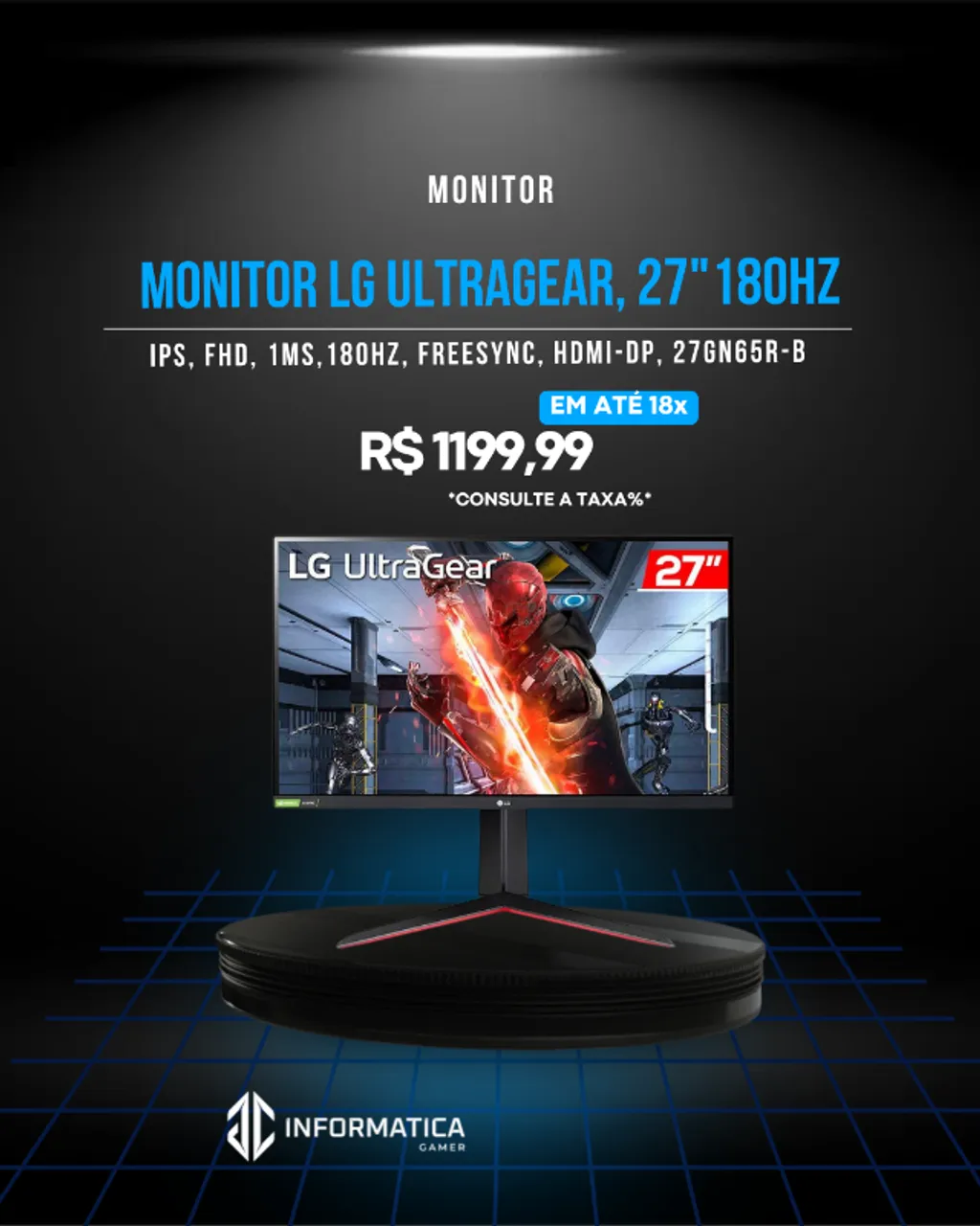Monitor Gamer LG UltraGear 27" FHD, IPS, 180Hz, 1ms GTG, HDR10, DisplayPort e HDMI, G-Sync