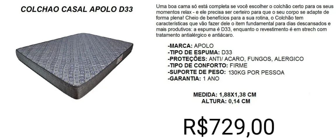COLCHÃO CASAL D33 APOLO ESPUMAS A PRONTA-ENTREGA 