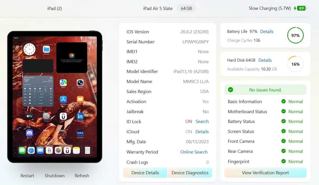 iPad Air 5ª Geração M1 64GB Wi-Fi Cinza Espacial - Bateria 97