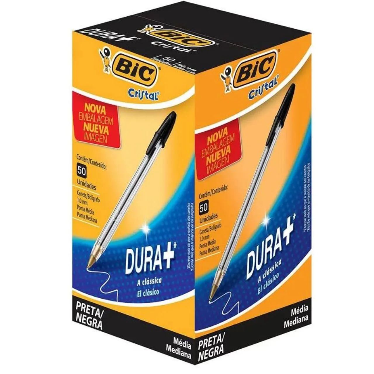 Caixa de caneta Bic Cristal preta com 50 unidades. Ponta média 1.0mm