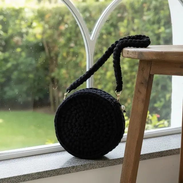 Bolsa Crochê Redonda Preta Feminina Alça Estilo Moderna
