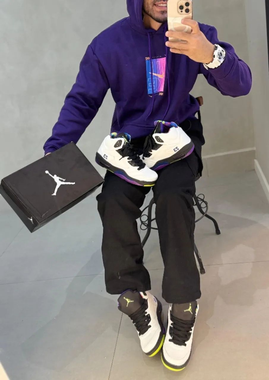 Nike Air Jordan 5 Retro Refletivo Branco/Roxo Premium Masculino - Foto 6