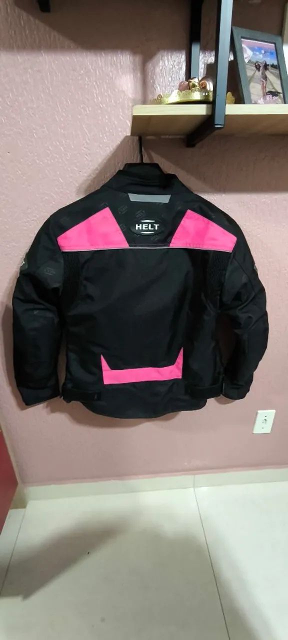 Jaqueta de motociclista feminina preta e rosa tamanho SP - Foto 2