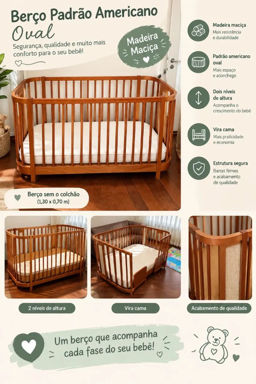 Berço oval 2 em 1 - vira cama