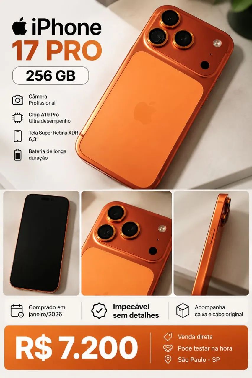 iPhone 17 Pro 256GB Laranja - Impecável - Celulares e Smartphones