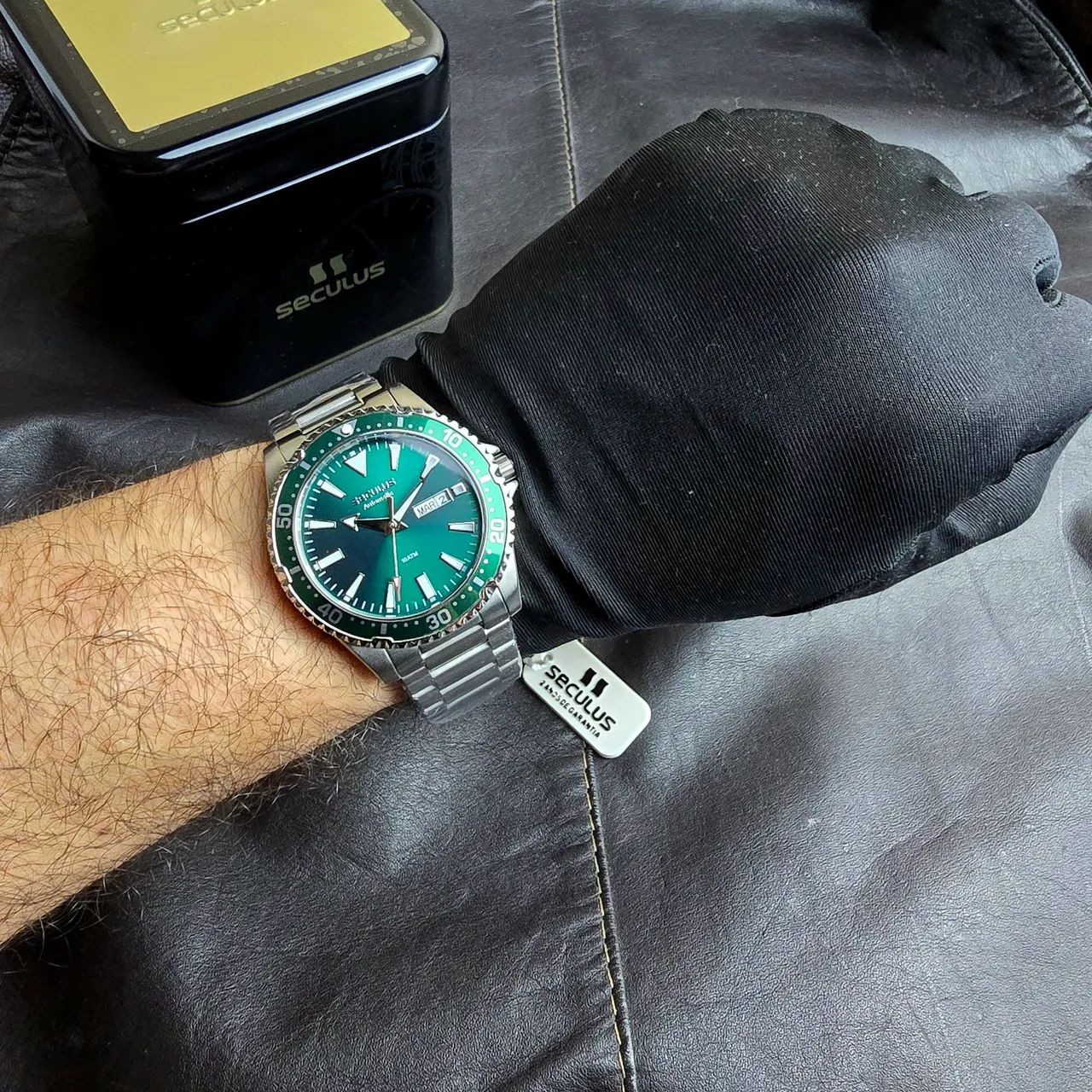 Relógio Seculus Diver Automatic 42mm Prata com verde - Foto 4