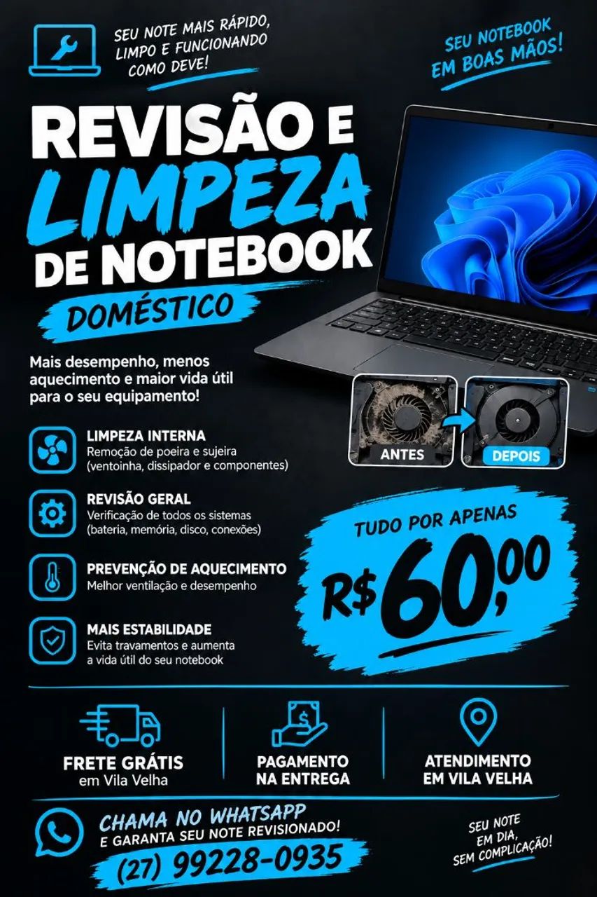 REVISÃO + LIMPEZA DE NOTEBOOK ? R$ 60<br>