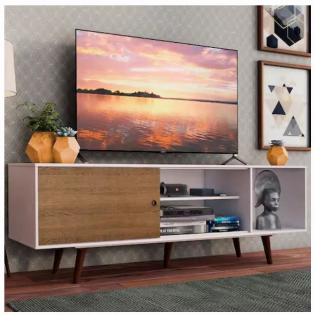 Rack Madesa Dubai para TV até 65 Polegadas com Pés - Branco com detalhes Marrons - Estilo  - Foto 5