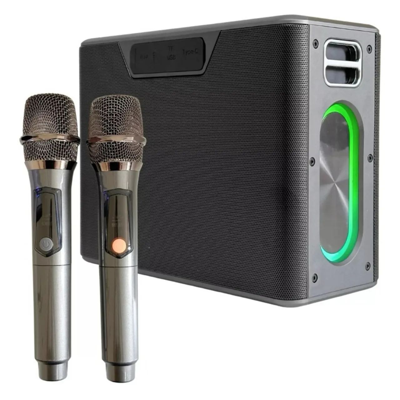 Caixa de som potente bateria recarregável com 2 microfones sem fio 
