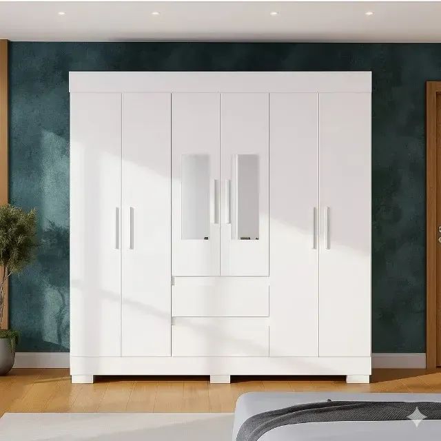 Roupeiro espaçoso  com 6 portas batentes e espelho